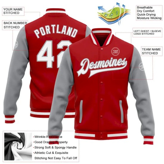 Custom Red White-Gray Bomber Full-Snap Varsity Letterman Two Tone Jacket Custom Red White-Gray Bomber Full-Snap Varsity Letterman Two Tone Jacket