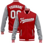 Custom Red White-Gray Bomber Full-Snap Varsity Letterman Two Tone Jacket Custom Red White-Gray Bomber Full-Snap Varsity Letterman Two Tone Jacket