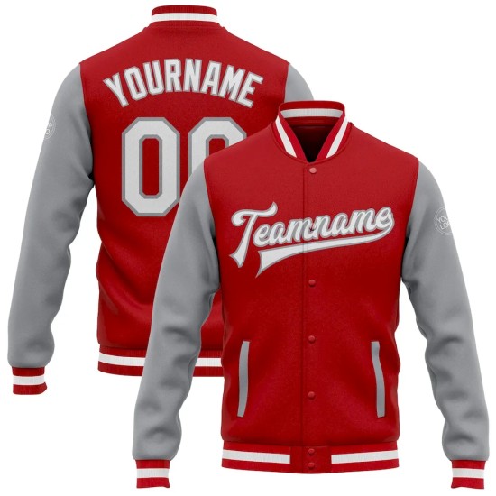 Custom Red White-Gray Bomber Full-Snap Varsity Letterman Two Tone Jacket Custom Red White-Gray Bomber Full-Snap Varsity Letterman Two Tone Jacket