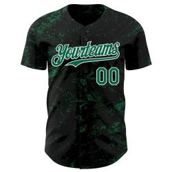 Custom Black Kelly Green-White 3D Pattern Design Abstract Splatter Texture Authentic Baseball Jersey