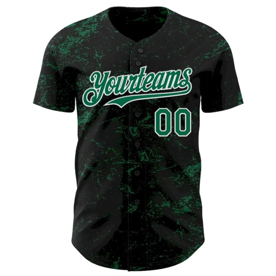 Custom Black Kelly Green-White 3D Pattern Design Abstract Splatter Texture Authentic Baseball Jersey