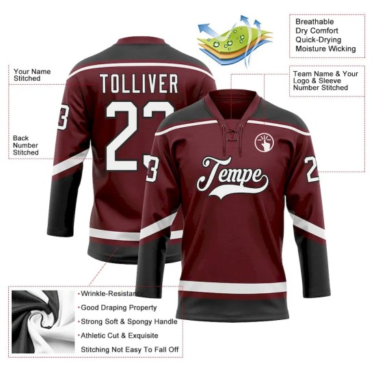 Custom Burgundy White-Black Hockey Lace Neck Jersey Custom Burgundy White-Black Hockey Lace Neck Jersey