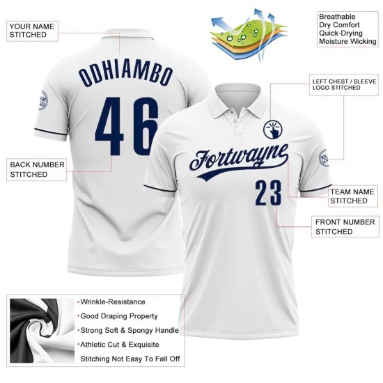 Custom White Navy Performance Vapor Golf Polo Shirt