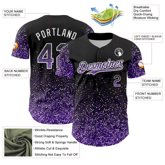Custom Black Purple-White 3D Pattern Design Abstract Colorful Glittering Dot Authentic Baseball Jersey Custom Black Purple-White 3D Pattern Design Abstract Colorful Glittering Dot Authentic Baseball Jersey