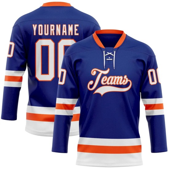 Custom Royal White-Orange Hockey Lace Neck Jersey Custom Royal White-Orange Hockey Lace Neck Jersey
