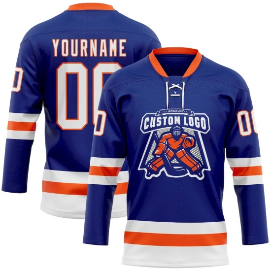 Custom Royal White-Orange Hockey Lace Neck Jersey Custom Royal White-Orange Hockey Lace Neck Jersey