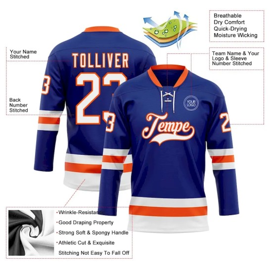 Custom Royal White-Orange Hockey Lace Neck Jersey Custom Royal White-Orange Hockey Lace Neck Jersey