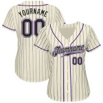 Custom Cream Black Pinstripe Black-Purple Authentic Baseball Jersey Custom Cream Black Pinstripe Black-Purple Authentic Baseball Jersey