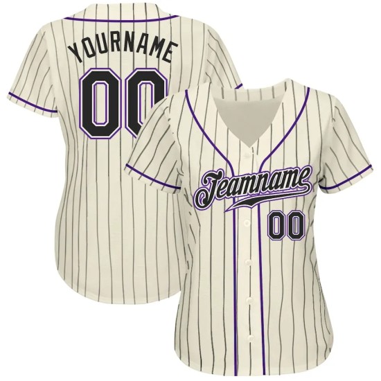 Custom Cream Black Pinstripe Black-Purple Authentic Baseball Jersey Custom Cream Black Pinstripe Black-Purple Authentic Baseball Jersey