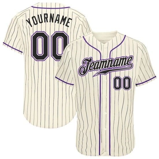 Custom Cream Black Pinstripe Black-Purple Authentic Baseball Jersey Custom Cream Black Pinstripe Black-Purple Authentic Baseball Jersey