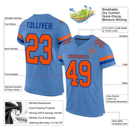 Custom Light Blue Orange-Royal Mesh Authentic Football Jersey Custom Light Blue Orange-Royal Mesh Authentic Football Jersey