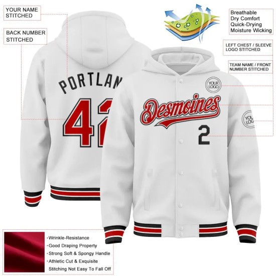 Custom White Red-Black Bomber Full-Snap Varsity Letterman Hoodie Jacket Custom White Red-Black Bomber Full-Snap Varsity Letterman Hoodie Jacket