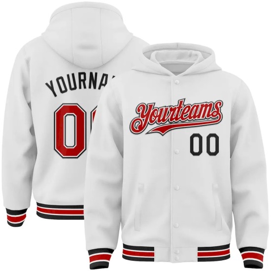 Custom White Red-Black Bomber Full-Snap Varsity Letterman Hoodie Jacket Custom White Red-Black Bomber Full-Snap Varsity Letterman Hoodie Jacket