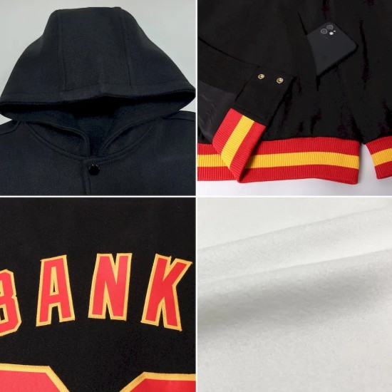 Custom White Red-Black Bomber Full-Snap Varsity Letterman Hoodie Jacket Custom White Red-Black Bomber Full-Snap Varsity Letterman Hoodie Jacket