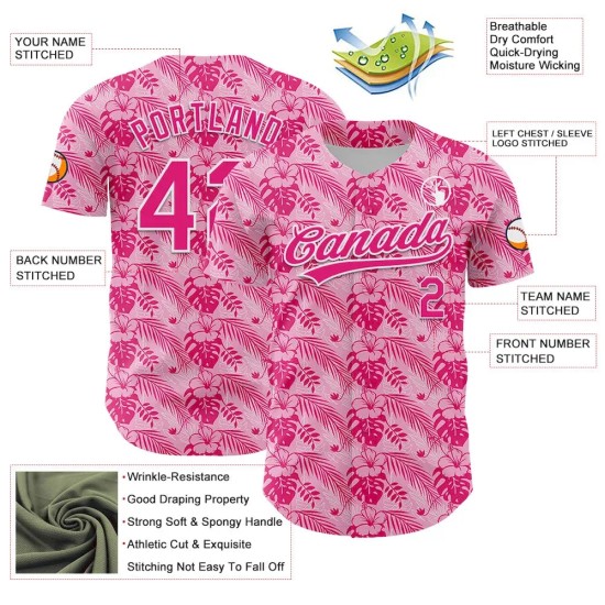 Custom Hot Pink White 3D Tropical Hawaii Jungle Leaves And Flower Authentic Baseball Jersey