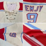 Custom Cream Light Blue-Red Hockey Lace Neck Jersey