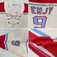 Custom Cream Light Blue-Red Hockey Lace Neck Jersey Custom Cream Light Blue-Red Hockey Lace Neck Jersey