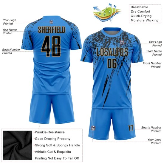 Custom Powder Blue Black-Old Gold Sublimation Soccer Uniform Jersey Custom Powder Blue Black-Old Gold Sublimation Soccer Uniform Jersey