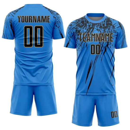 Custom Powder Blue Black-Old Gold Sublimation Soccer Uniform Jersey Custom Powder Blue Black-Old Gold Sublimation Soccer Uniform Jersey