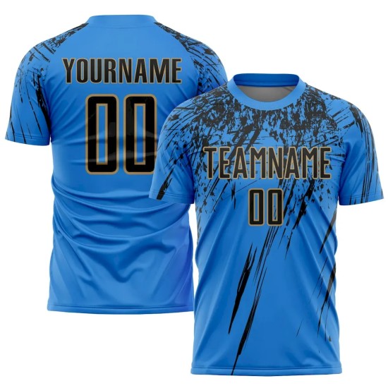 Custom Powder Blue Black-Old Gold Sublimation Soccer Uniform Jersey Custom Powder Blue Black-Old Gold Sublimation Soccer Uniform Jersey