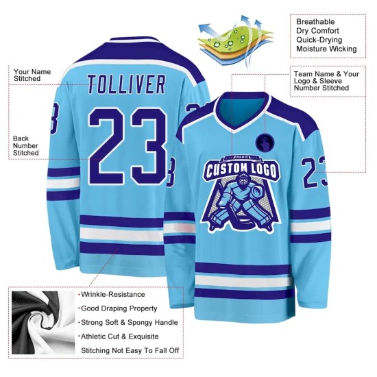 Custom Sky Blue Dark Purple-White Hockey Jersey Custom Sky Blue Dark Purple-White Hockey Jersey