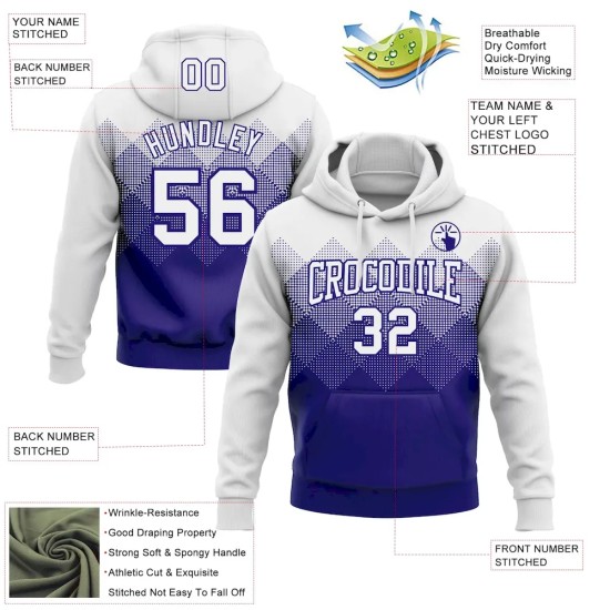 Custom Stitched White Dark Purple 3D Pattern Design Gradient Square Shape Sports Pullover Sweatshirt Hoodie