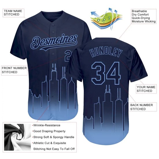 Custom Navy Light Blue 3D Chicago City Edition Fade Fashion Authentic Baseball Jersey